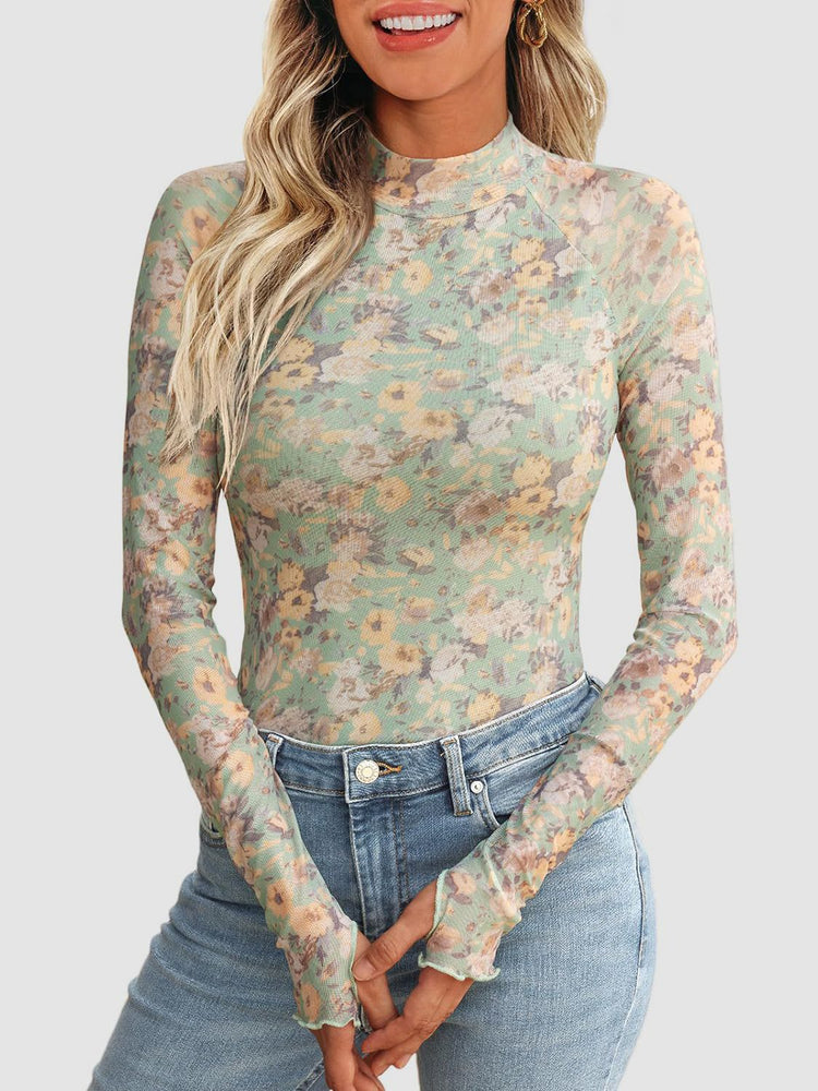 Floral Mock Neck Long Sleeve T-Shirt - MyEmpired