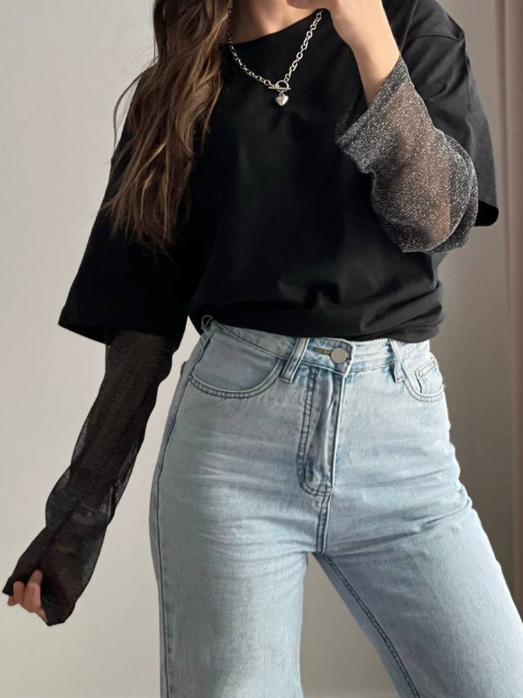 Faux Layered Round Neck Mesh Sleeve Top - MyEmpired