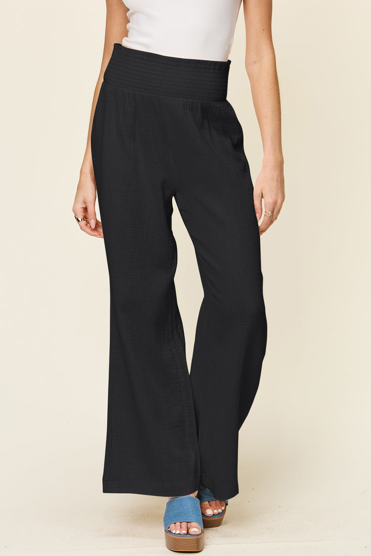 Double Take Full Size Texture Smocked Waist Wide Leg Pants - MyEmpired
