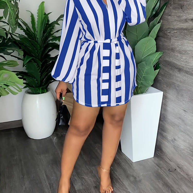 Striped Print Lantern Sleeve Dress, Casual Tie-waist Notch Neck Dress, Women&