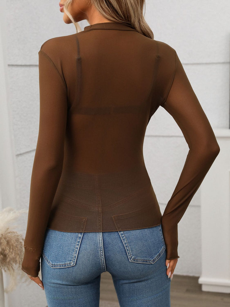 Mock Neck Long Sleeve Sheer Top - MyEmpired