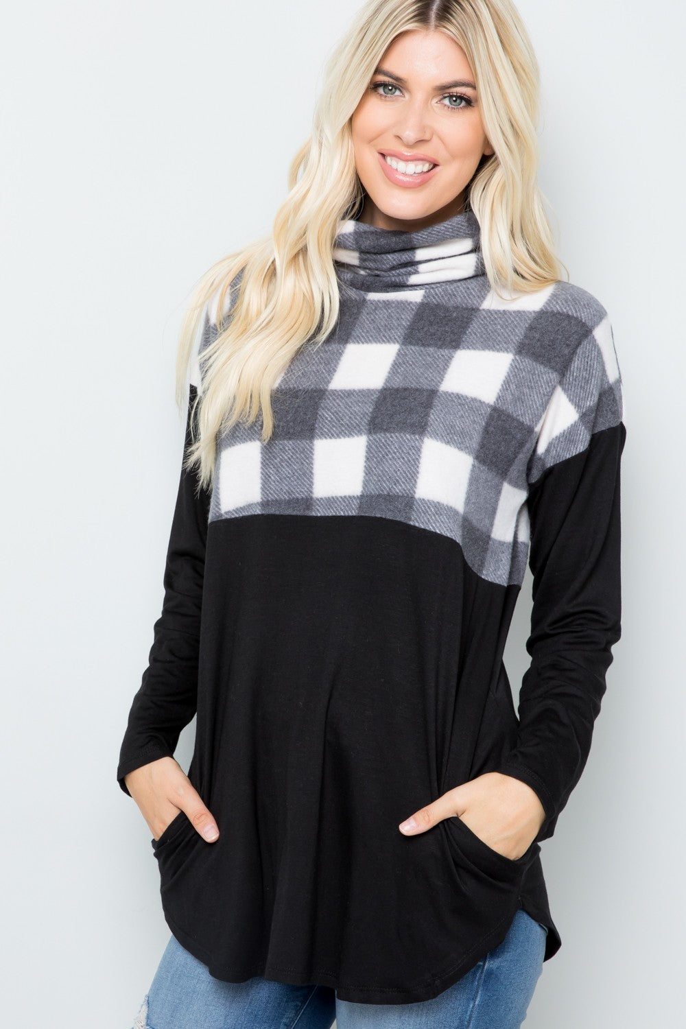 Celeste Full Size Pocketed Plaid Turtleneck Long Sleeve Blouse - MyEmpired