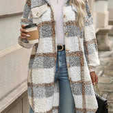 Plaid Pattern Button Front Fuzzy Jacket, Casual Thermal Long Sleeve Long Length Collar Coat For Fall & Winter, Women&