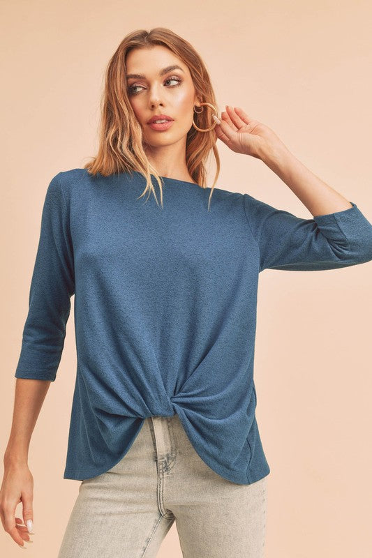 Aemi + Co Twist Front Round Neck 3/4 Sleeve T-Shirt - MyEmpired