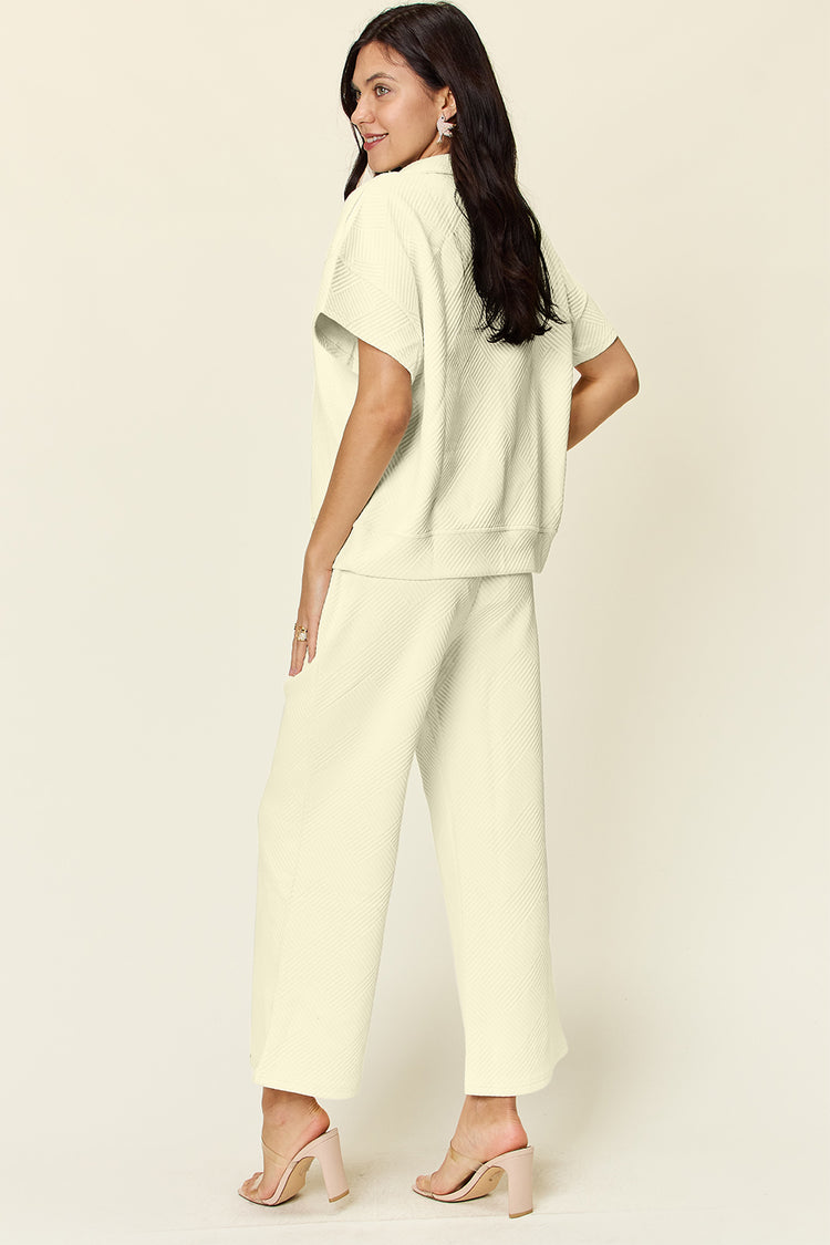 Double Take Full Size Texture Half Zip Short Sleeve Top and Pants Set - MyEmpired