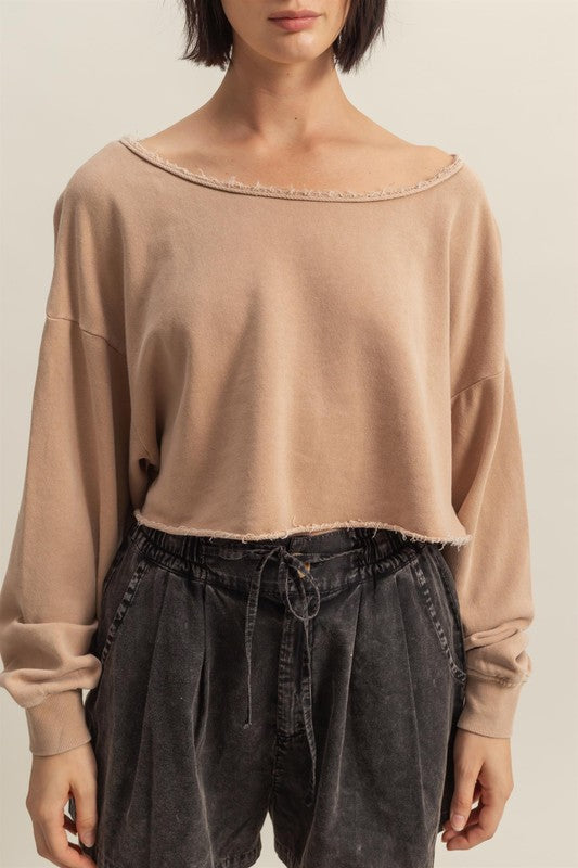 HYFVE Frayed Detail Boat Neck Long Sleeve Crop Top - MyEmpired