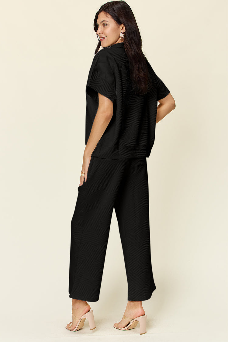 Double Take Full Size Texture Half Zip Short Sleeve Top and Pants Set - MyEmpired