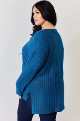 Basic Bae Full Size Ribbed Half Button Long Sleeve High-Low T-Shirt - MyEmpired