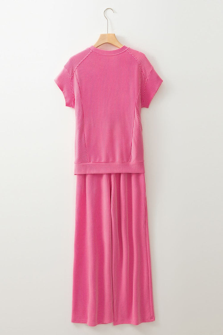 Corded Knit Short Sleeve T-Shirt and Wide Leg Pants Set - MyEmpired