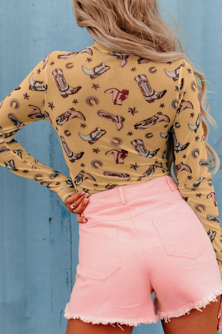 Printed Mock Neck Long Sleeve Bodysuit - MyEmpired