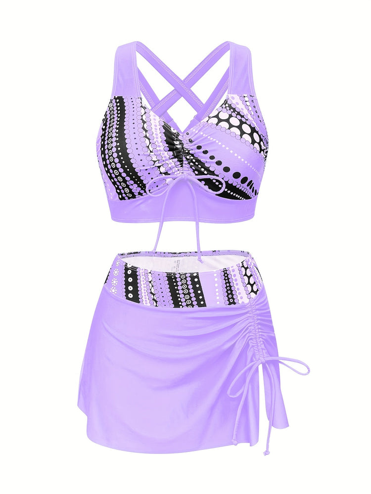 Polka Dot Print 3 Piece Set Tankini, V Neck Drawstring Front High Cut With Cover Up Skirt Swimsuits, Women&