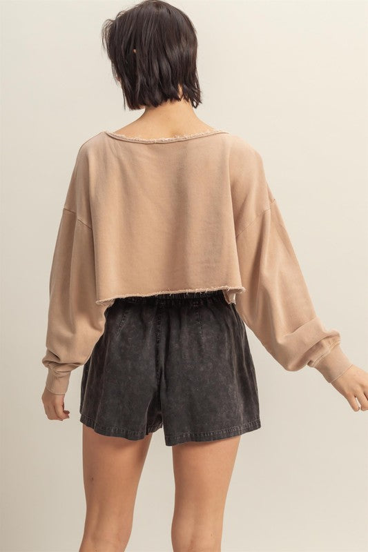 HYFVE Frayed Detail Boat Neck Long Sleeve Crop Top - MyEmpired
