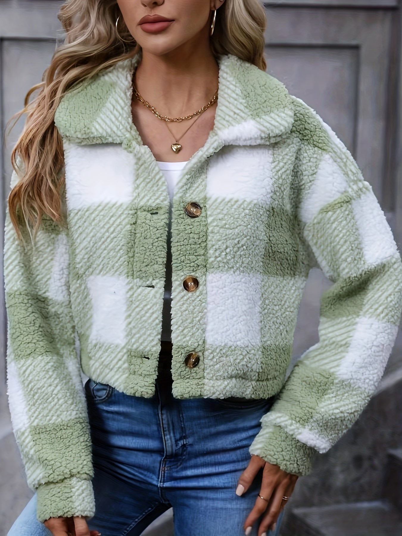 Plaid Teddy Coat, Casual Button Front Long Sleeve Winter Warm Outerwear, Women&