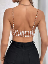 Houndstooth Print V Neck Cami Top, Sexy Backless Slim Sleeveless Spaghetti Strap Crop Top, Women&