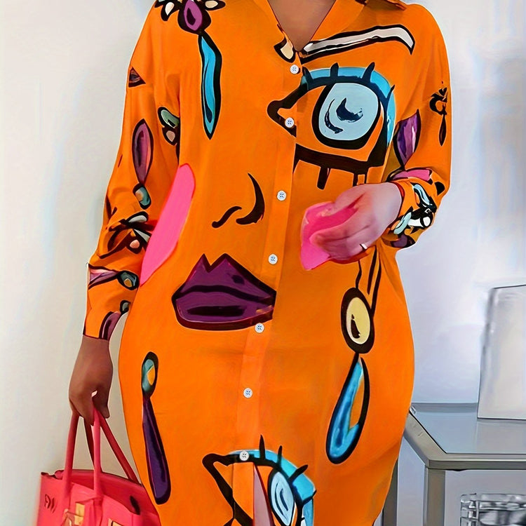 Abstract Print Button Front Shirt Dress - MyEmpired