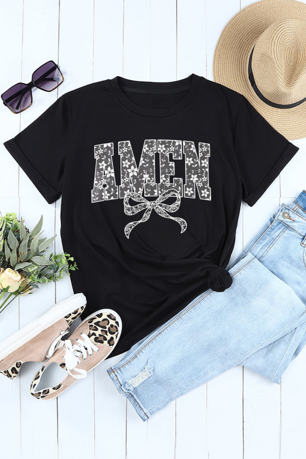AMEN Bow Round Neck Short Sleeve T Shirt - MyEmpired