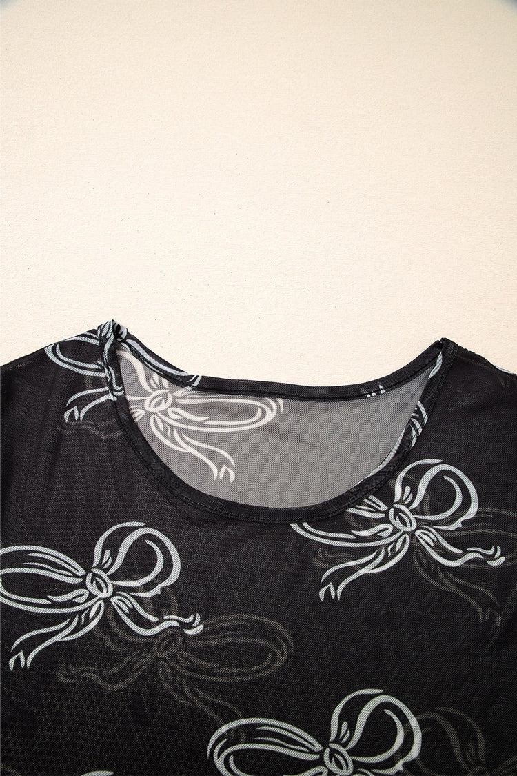 Bow Mesh Round Neck Short Sleeve T-Shirt - MyEmpired