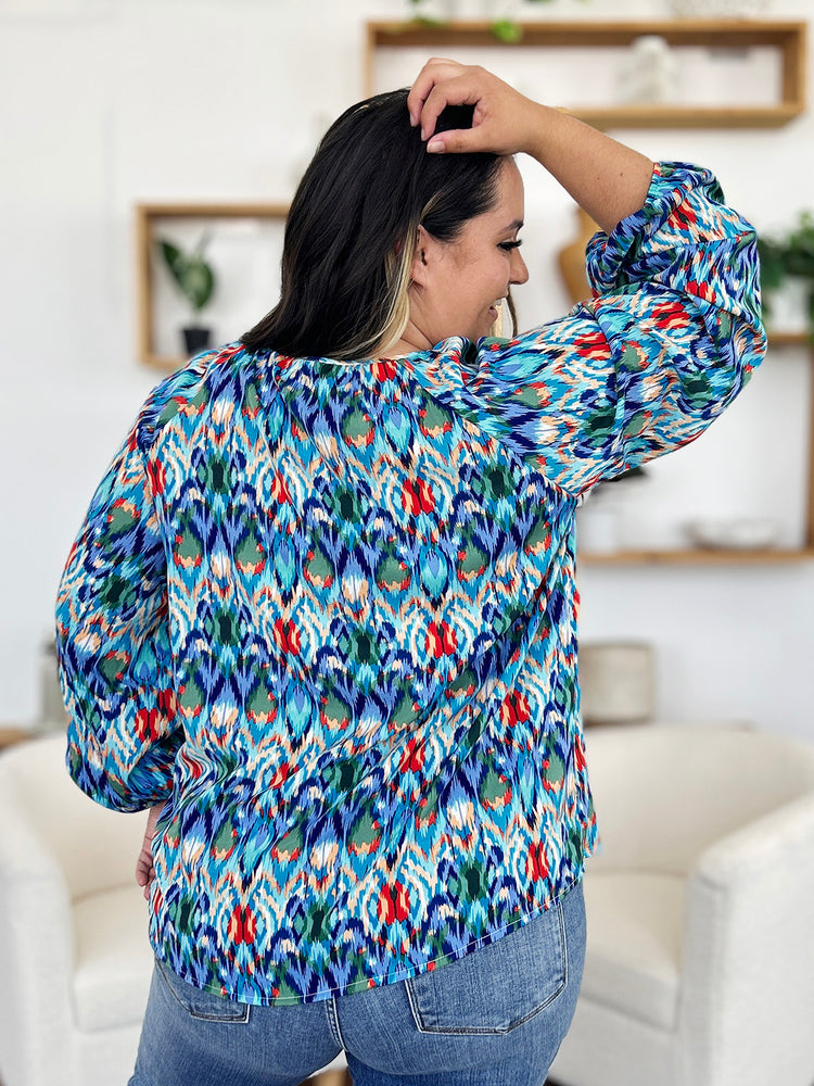 Double Take Full Size Printed Balloon Sleeve Blouse - MyEmpired