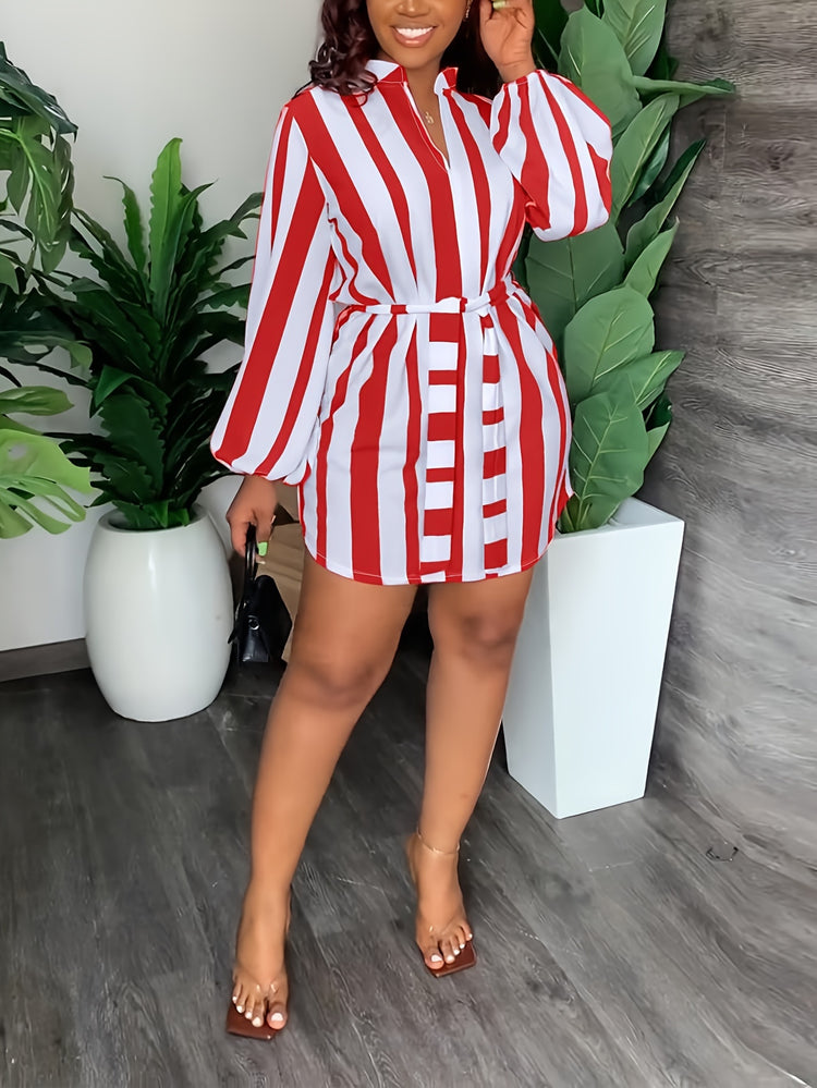 Striped Print Lantern Sleeve Dress, Casual Tie-waist Notch Neck Dress, Women&