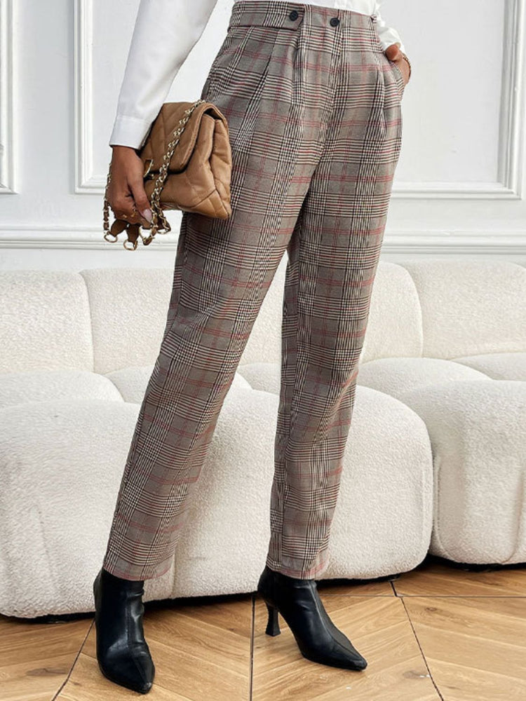 Perfee Plaid Straight Pants with Pockets - MyEmpired