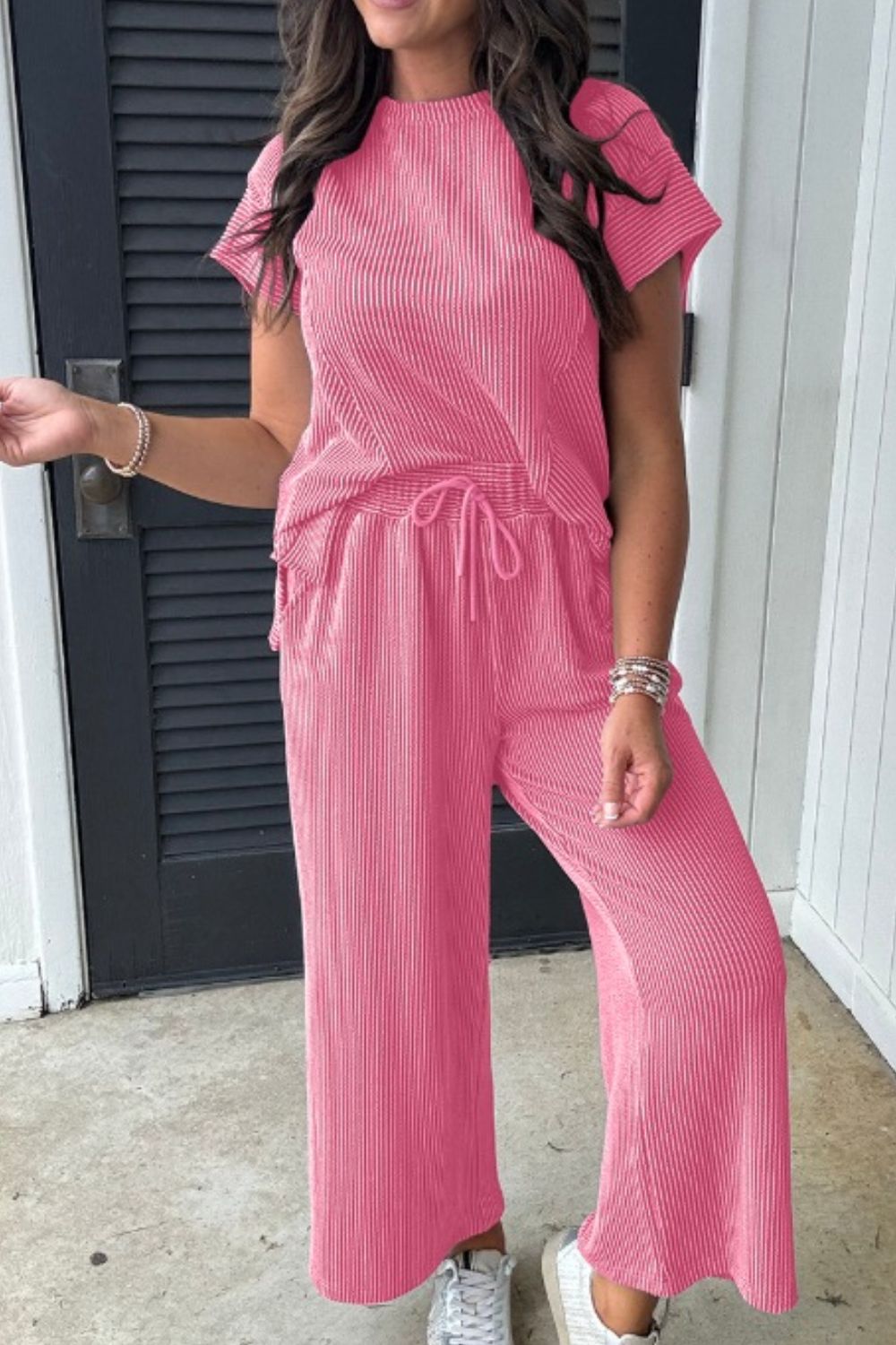 Corded Knit Short Sleeve T-Shirt and Wide Leg Pants Set - MyEmpired