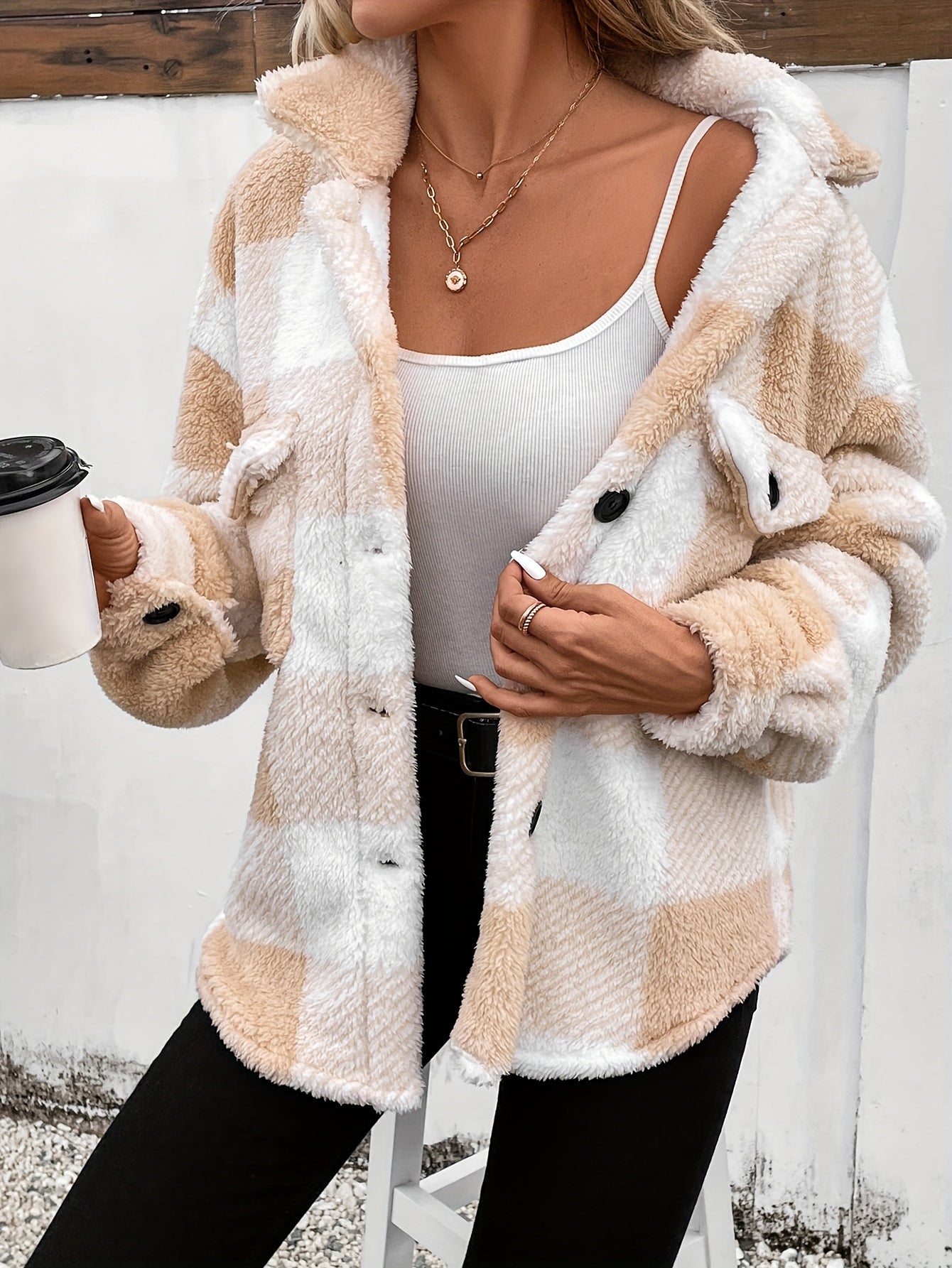 Plaid Fuzzy Fall & Winter Coat, Casual Button Front Long Sleeve Warm Outerwear, Women&