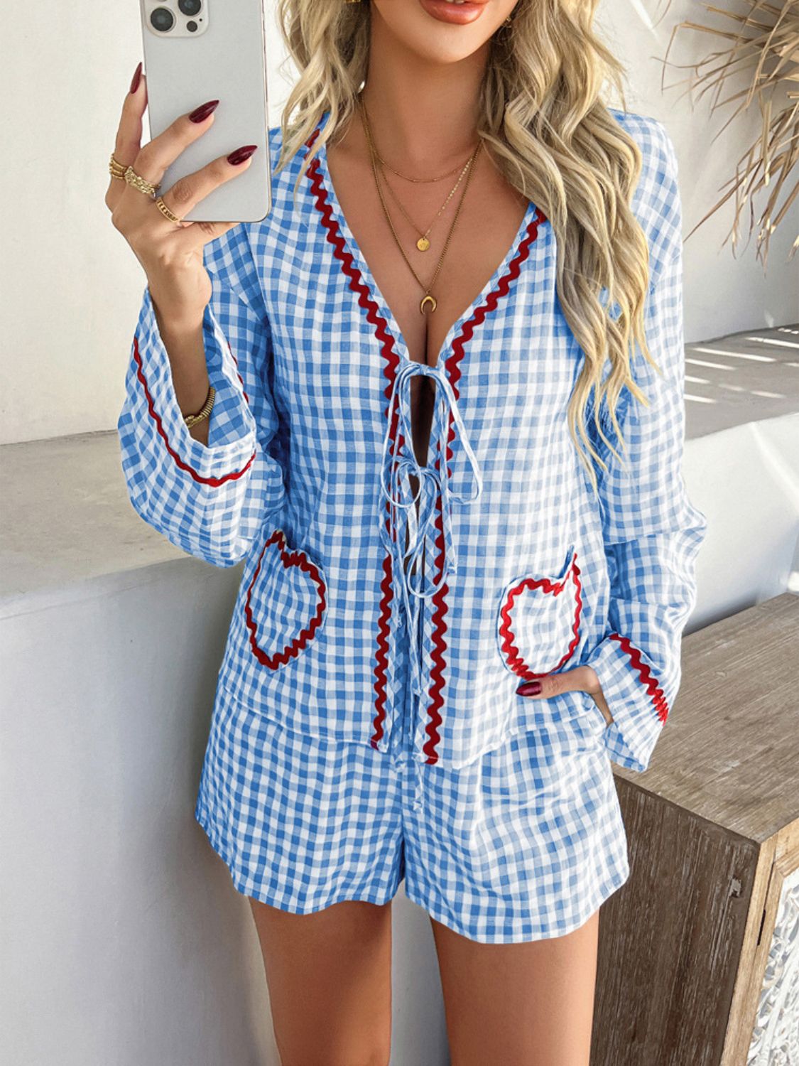 Devine Tie Front Contrast Plaid Shirt and Shorts Set - MyEmpired