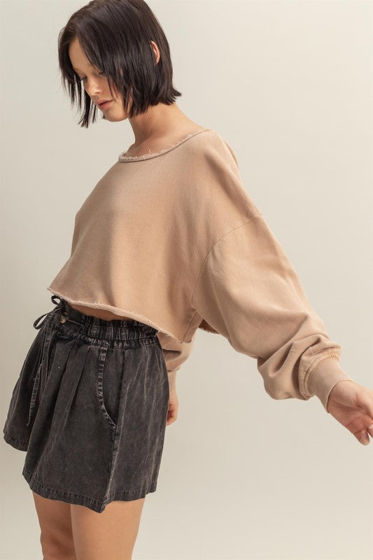 HYFVE Frayed Detail Boat Neck Long Sleeve Crop Top - MyEmpired