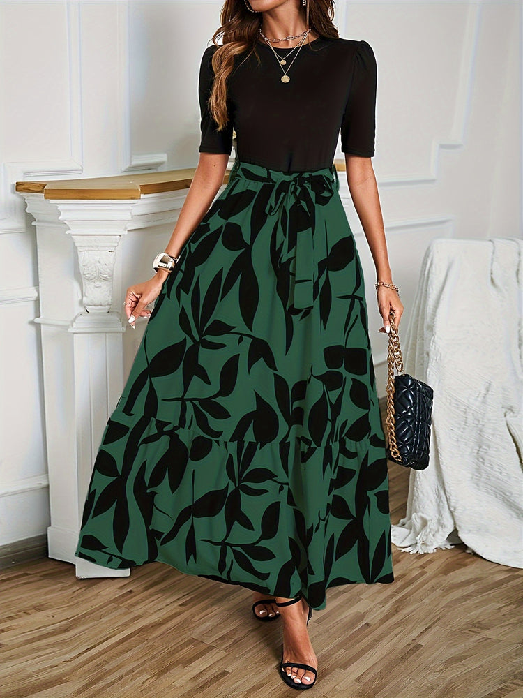 Plant Print Belted Splicing Dress, Elegant Crew Neck Short Sleeve Dress For Spring & Summer, Women&