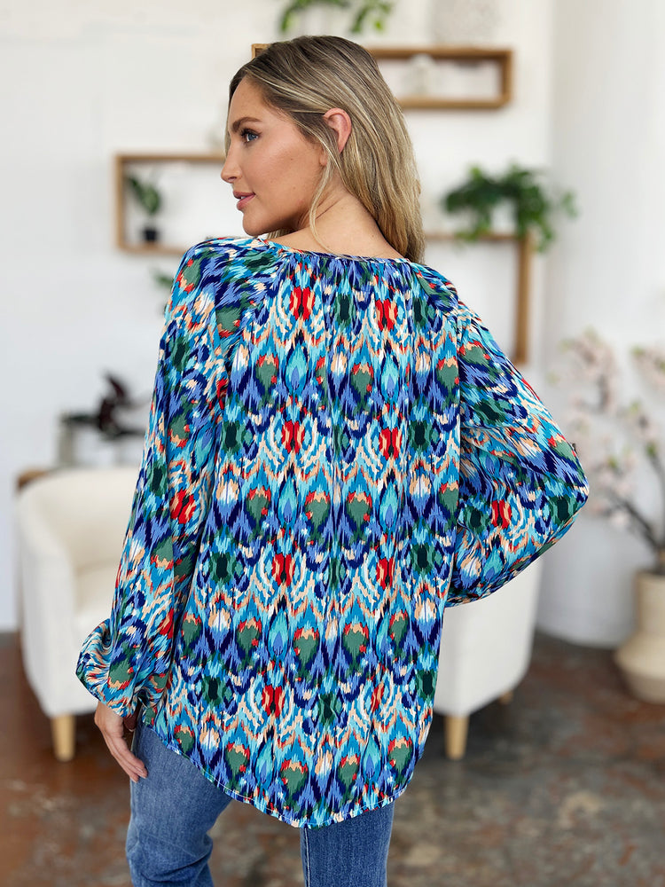Double Take Full Size Printed Balloon Sleeve Blouse - MyEmpired