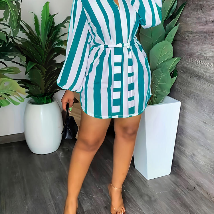 Striped Print Lantern Sleeve Dress, Casual Tie-waist Notch Neck Dress, Women&