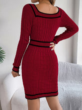 Elegant Striped Knit Bodycon Dress with Button Detail - Square Neck, Long Sleeve, Perfect for Fall & Winter - Women&