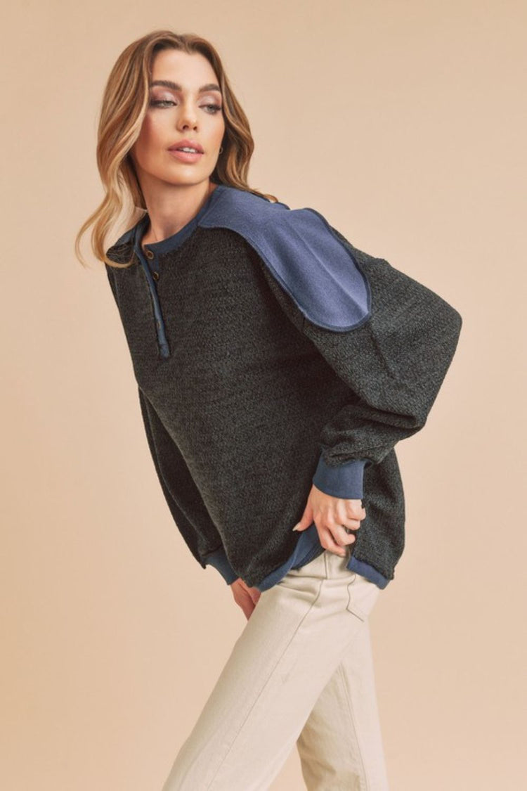 Aemi + Co Side Slit Button Detail Contrast Shoulder Sweatshirt - MyEmpired