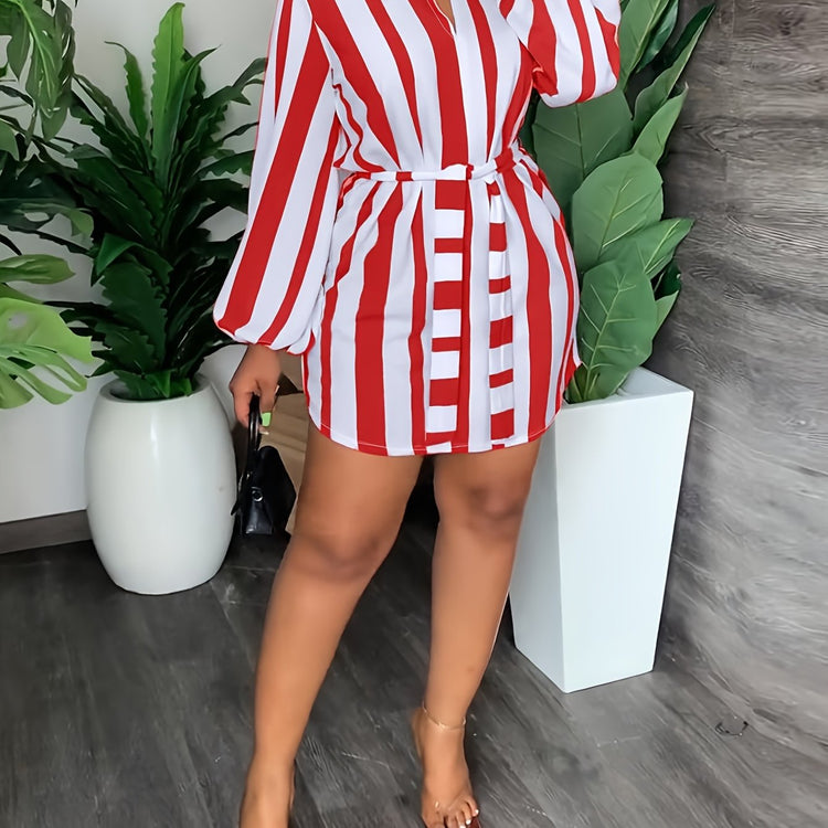 Striped Print Lantern Sleeve Dress, Casual Tie-waist Notch Neck Dress, Women&