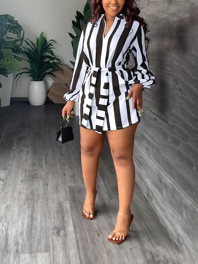 Striped Print Lantern Sleeve Dress, Casual Tie-waist Notch Neck Dress, Women&