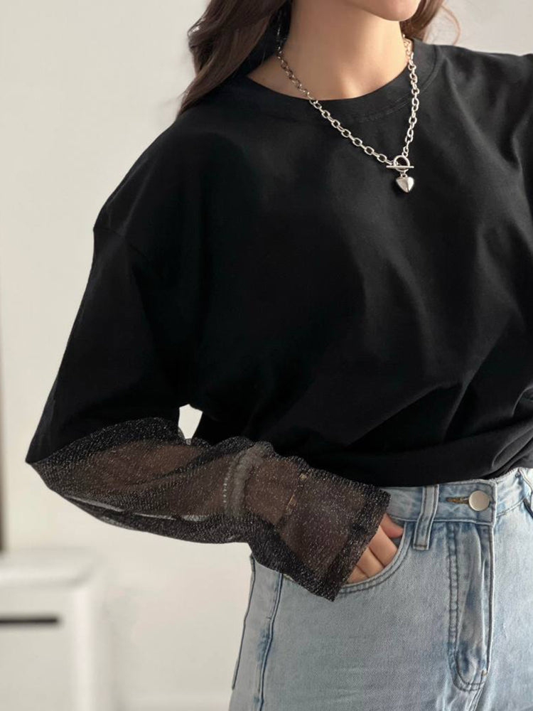 Faux Layered Round Neck Mesh Sleeve Top - MyEmpired