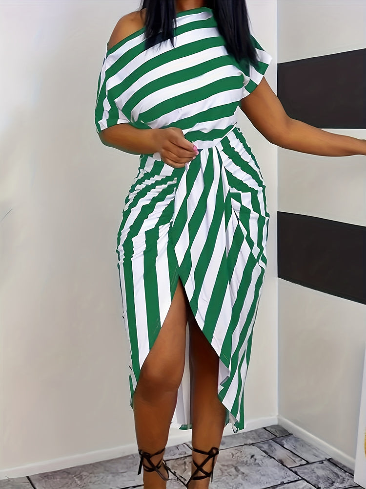 Striped One Shoulder Split Dress - MyEmpired