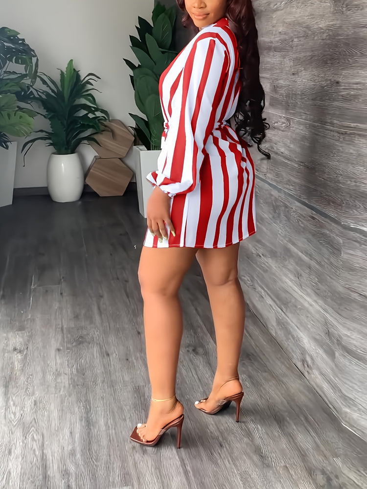 Striped Print Lantern Sleeve Dress, Casual Tie-waist Notch Neck Dress, Women&