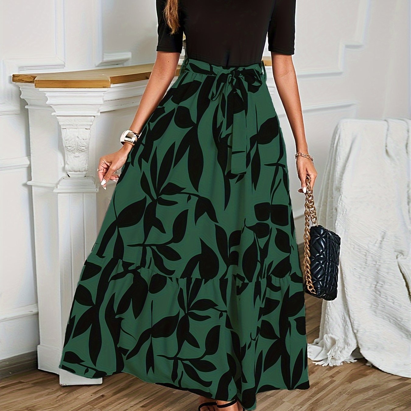 Plant Print Belted Splicing Dress, Elegant Crew Neck Short Sleeve Dress For Spring & Summer, Women&