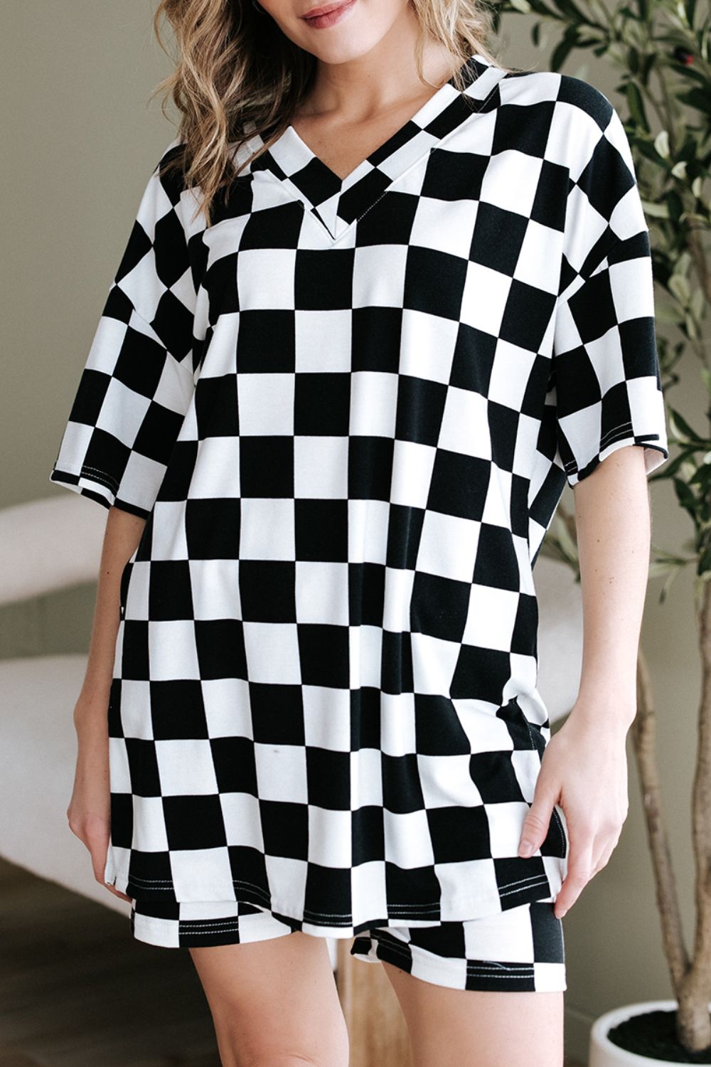 Checkerboard V Neck Loose Tee and Shorts Set - MyEmpired