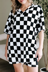 Checkerboard V Neck Loose Tee and Shorts Set - MyEmpired