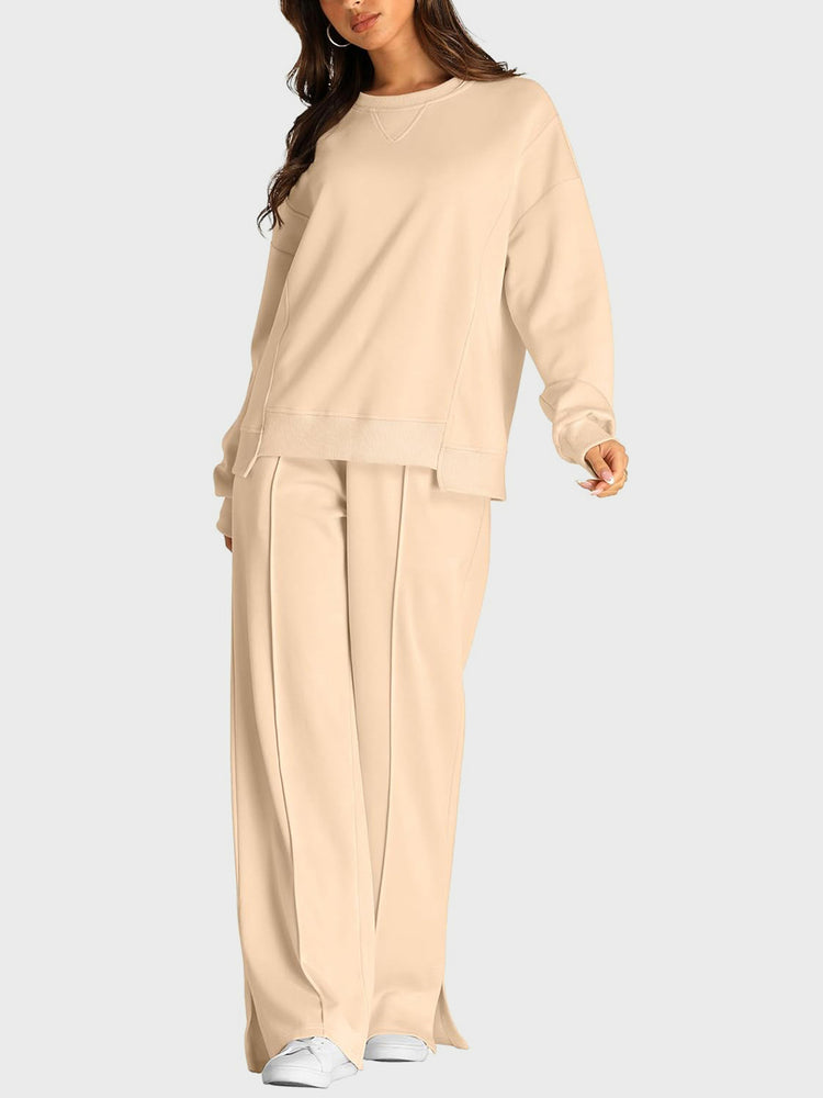 Round Neck Long Sleeve Top and Slit Pants Set - MyEmpired