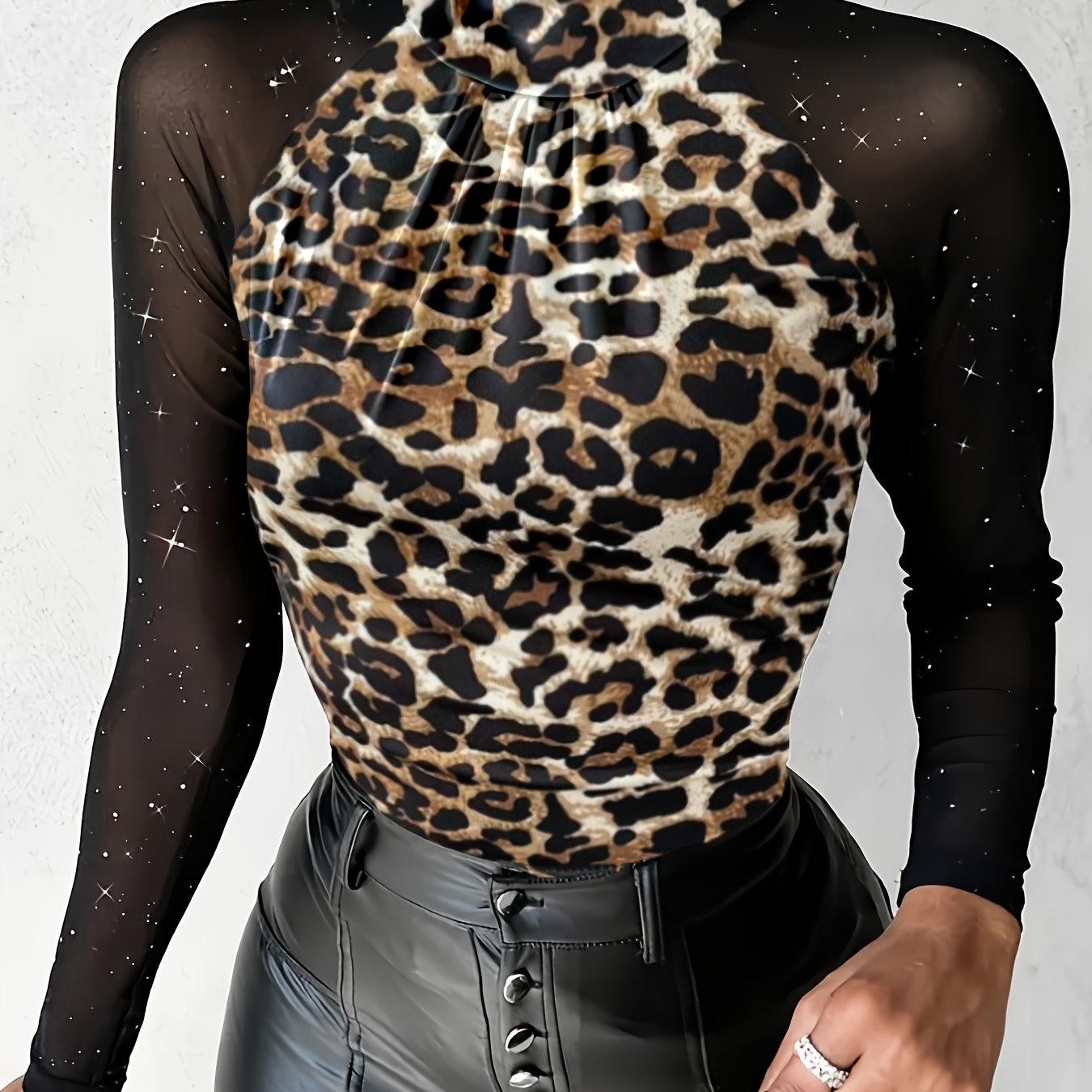 Elegant Starry Sky Sequin Embellished High Neck Sheer Mesh,Skinny Fit Long Sleeve Knit Polyester Top - All Season Elegant Collection - MyEmpired