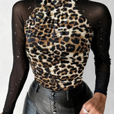 Elegant Starry Sky Sequin Embellished High Neck Sheer Mesh,Skinny Fit Long Sleeve Knit Polyester Top - All Season Elegant Collection - MyEmpired