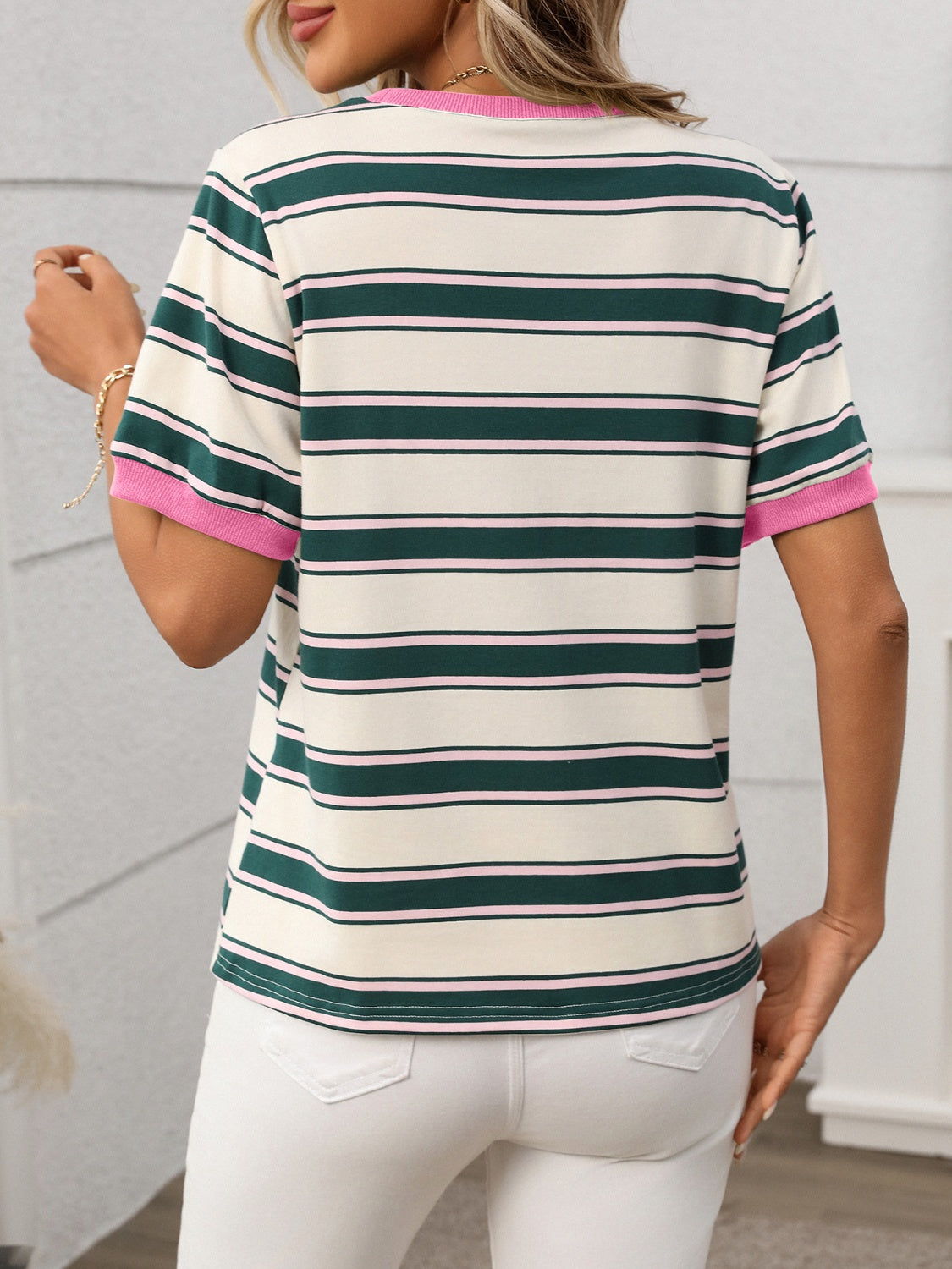 Contrast Striped Round Neck Short Sleeve T-Shirt - MyEmpired