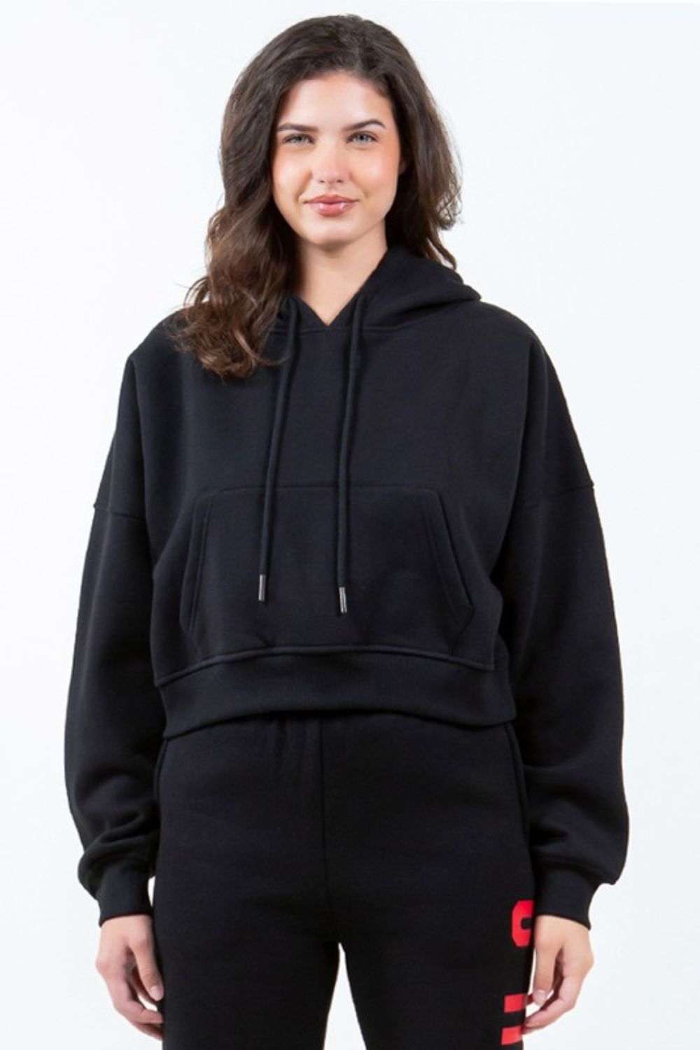 American Bazi Letter Graphic Long Sleeve Drawstring Cropped Hoodie - MyEmpired