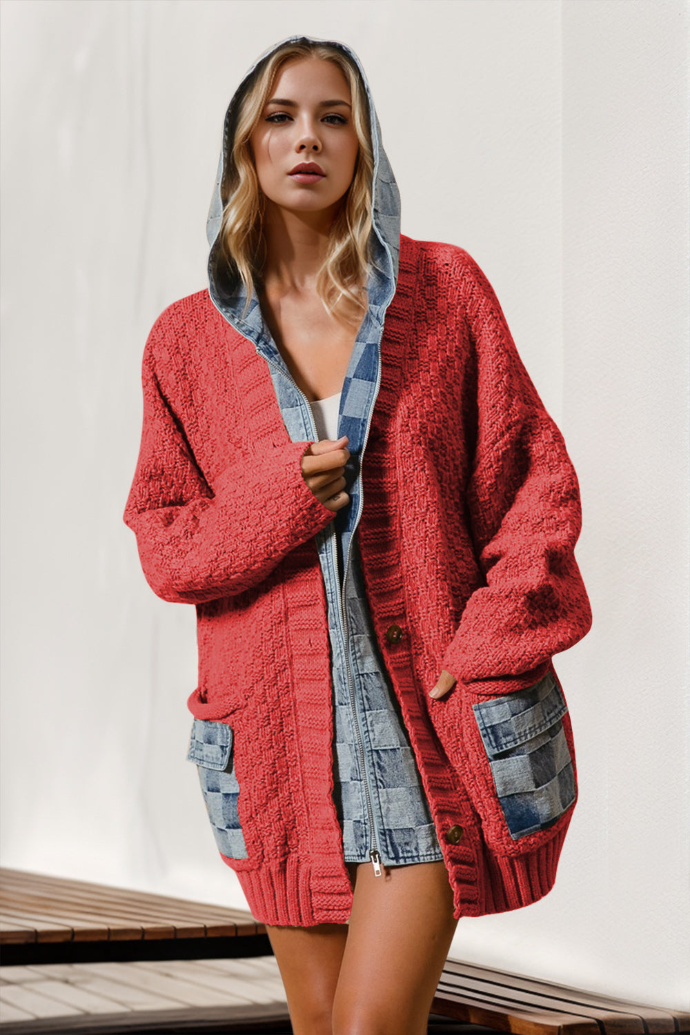 Double Take Full Size Hooded Denim Spliced Sweater Cardigan - MyEmpired