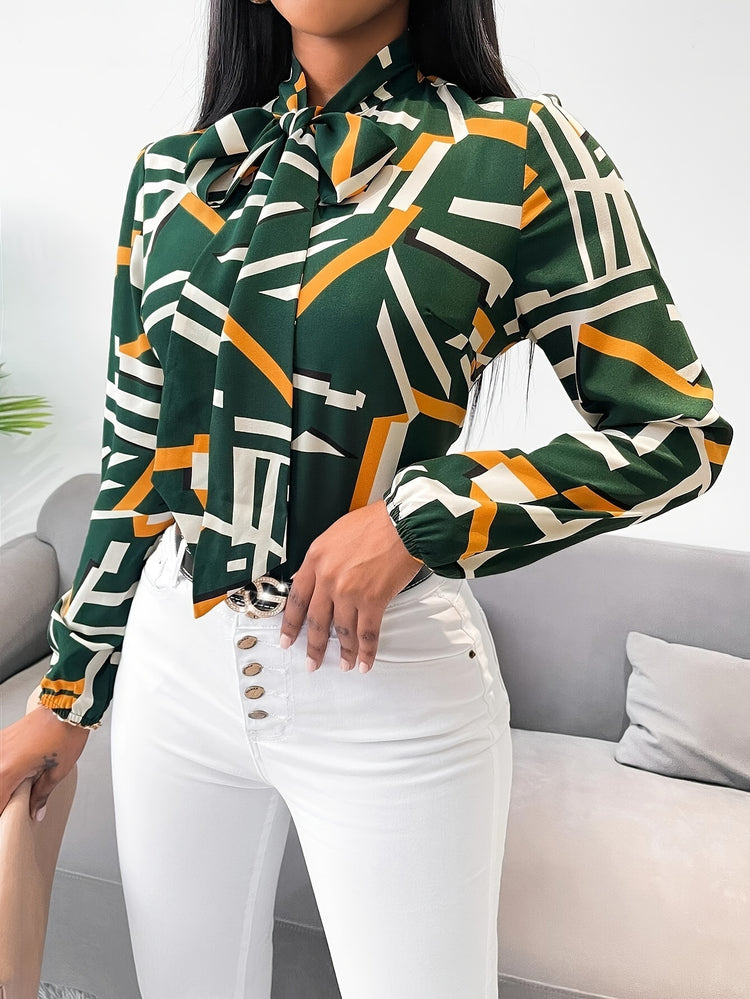 Geo Print Tie Neck Blouse - MyEmpired