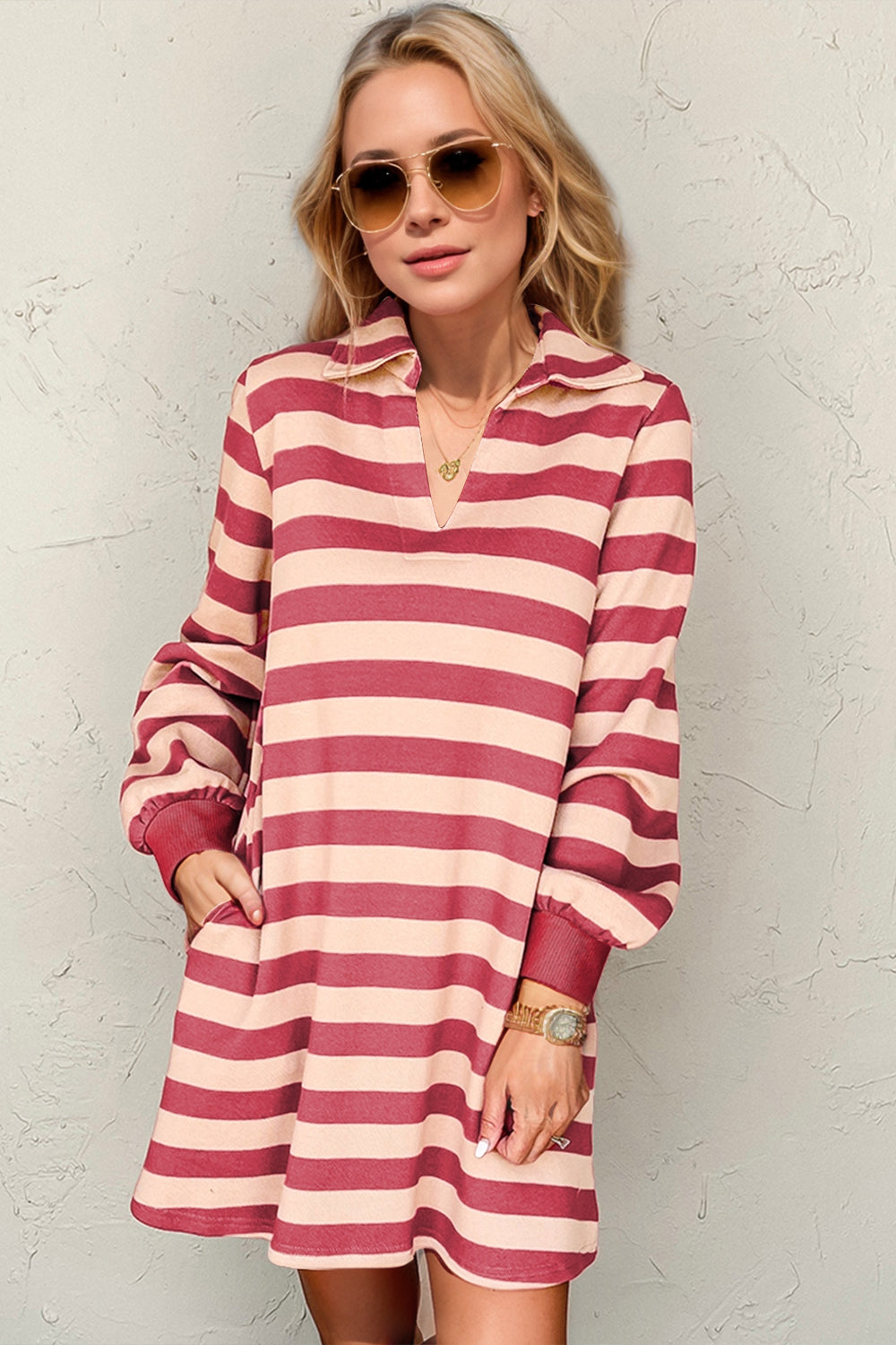 Double Take Full Size Striped Contrast Collared Neck Long Sleeve Dress - MyEmpired