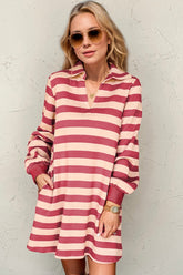 Double Take Full Size Striped Contrast Collared Neck Long Sleeve Dress - MyEmpired